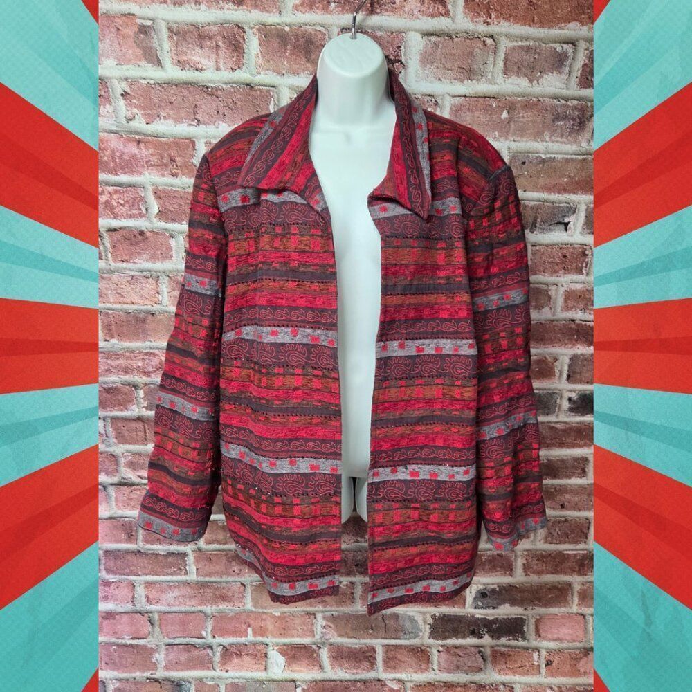 Alfred Dunner Vintage Aztec Cardigan | Women’s 24W | Red Open Front‎ Jacket